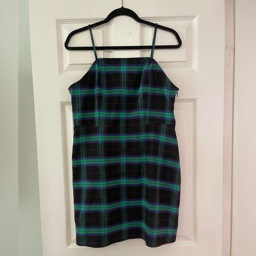 BP plaid spaghetti strap Kipleigh mini dress green black zip up